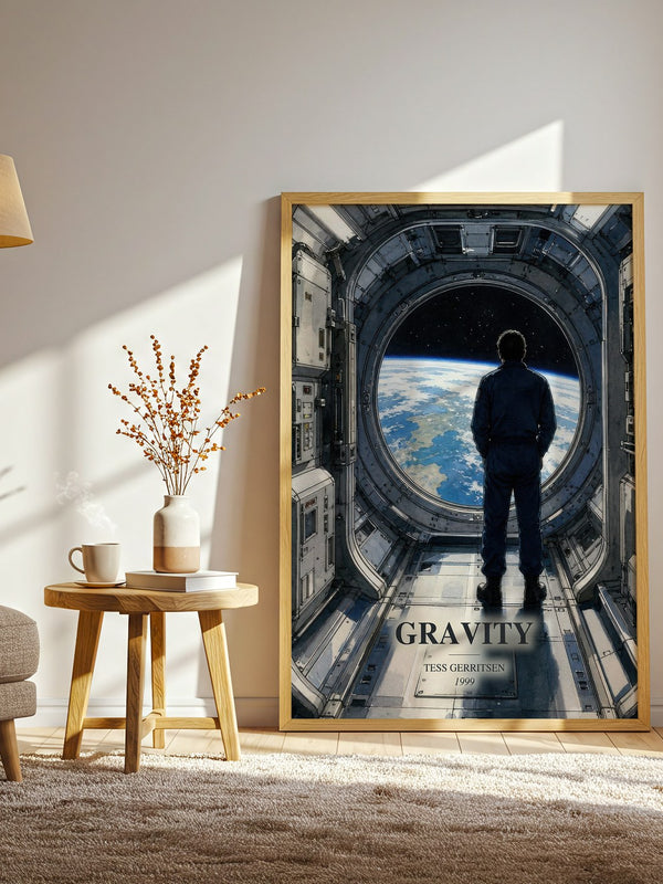 Gravity watercolour print in frame leaning in hallway – thriller wall art