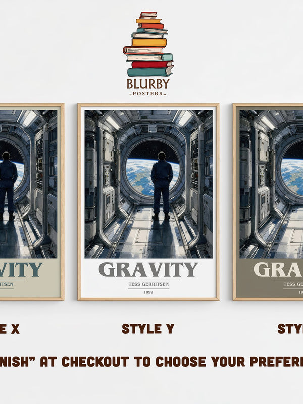 Gravity book cover print in frame leaning in hallway – thriller wall art