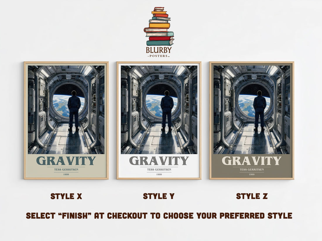 Gravity book cover print in frame leaning in hallway – thriller wall art (mockup)