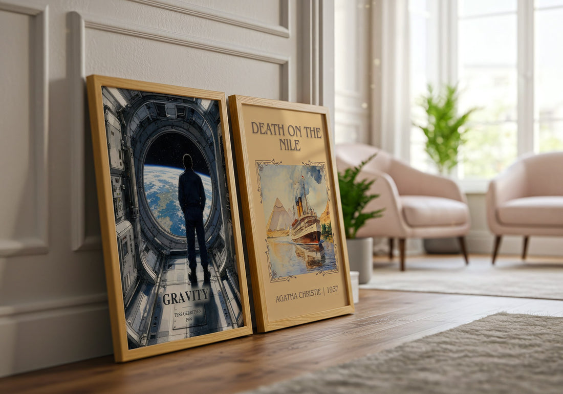 Gravity watercolour print framed by window – literary home decor