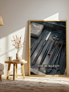 The Surgeon watercolour print in frame leaning in hallway – thriller wall art