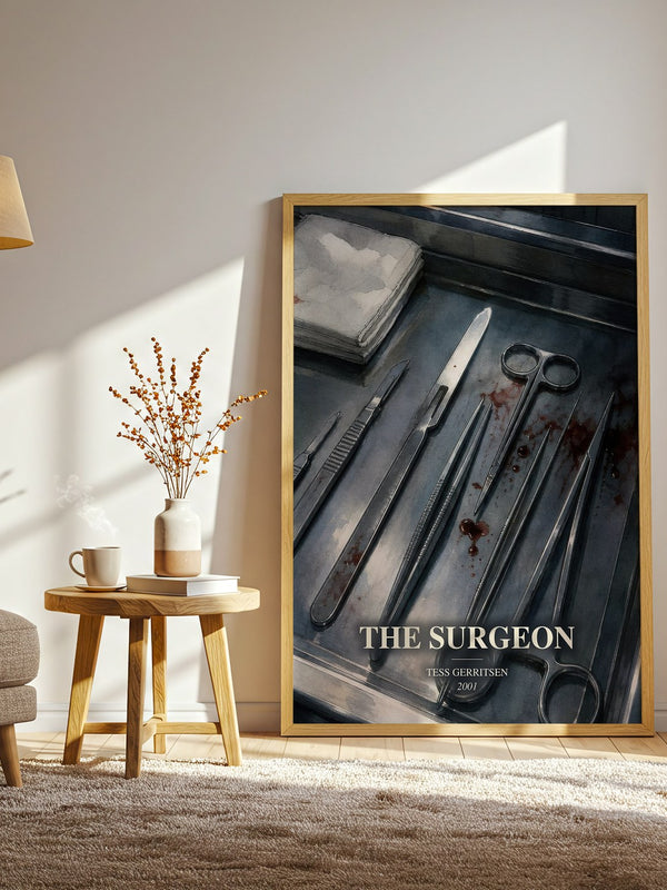 The Surgeon watercolour print in frame leaning in hallway – thriller wall art