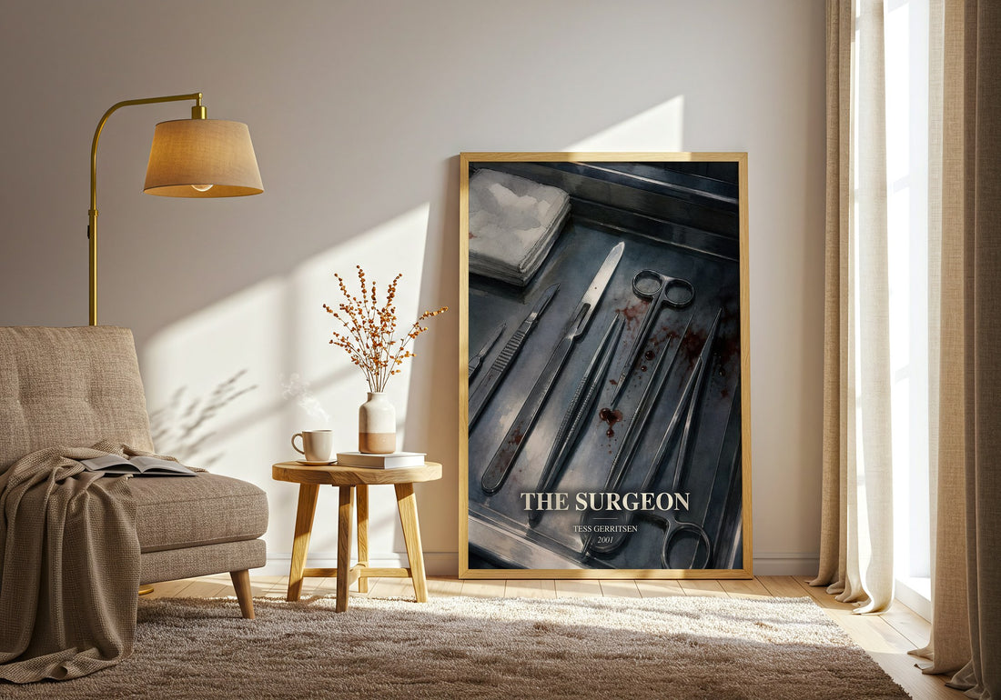 The Surgeon watercolour print in frame leaning in hallway – thriller wall art (mockup)
