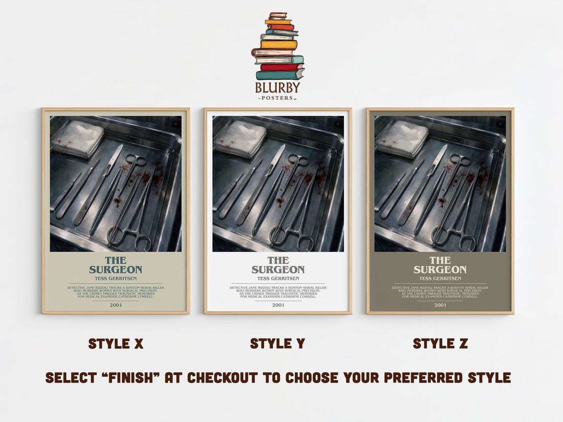 The Surgeon bookish print in frame leaning in hallway – thriller wall art (mockup)