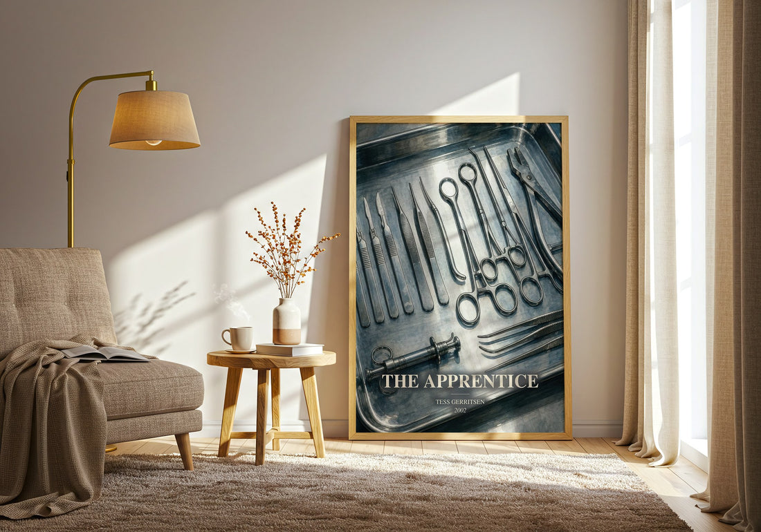 The Apprentice watercolour print in frame leaning in hallway – thriller wall art (mockup)