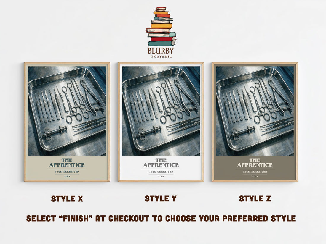 The Apprentice book cover print in frame leaning in hallway – thriller wall art (mockup)