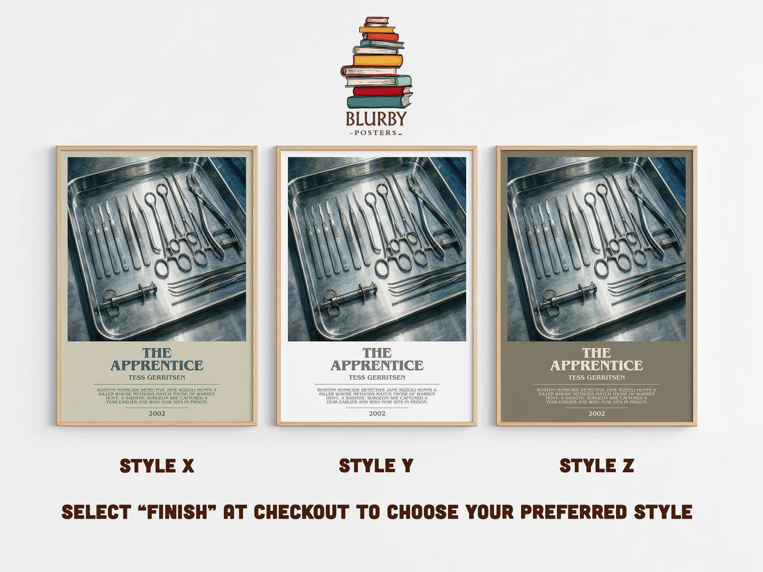The Apprentice bookish print in frame leaning in hallway – thriller wall art (mockup)