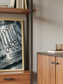The Apprentice Book Watercolour Illustration by Tess Gerritsen – framed print on a shelf by a wooden cabinet
