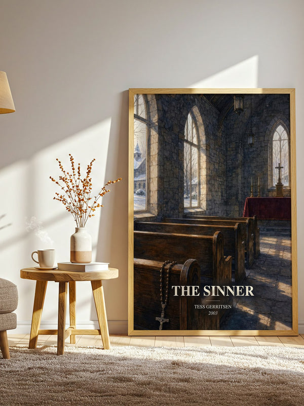 The Sinner watercolour print in frame leaning in hallway – crime wall art