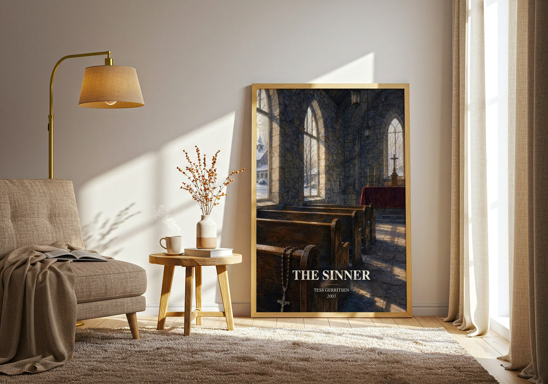 The Sinner watercolour print in frame leaning in hallway – crime wall art (mockup)