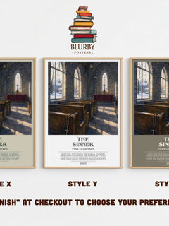 The Sinner bookish print in frame leaning in hallway – crime wall art