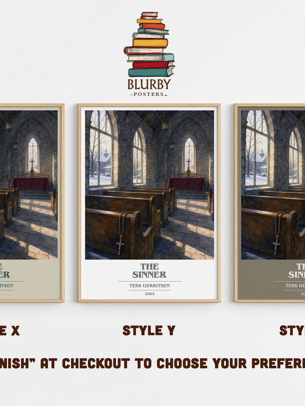 The Sinner book cover print in frame leaning in hallway – crime wall art