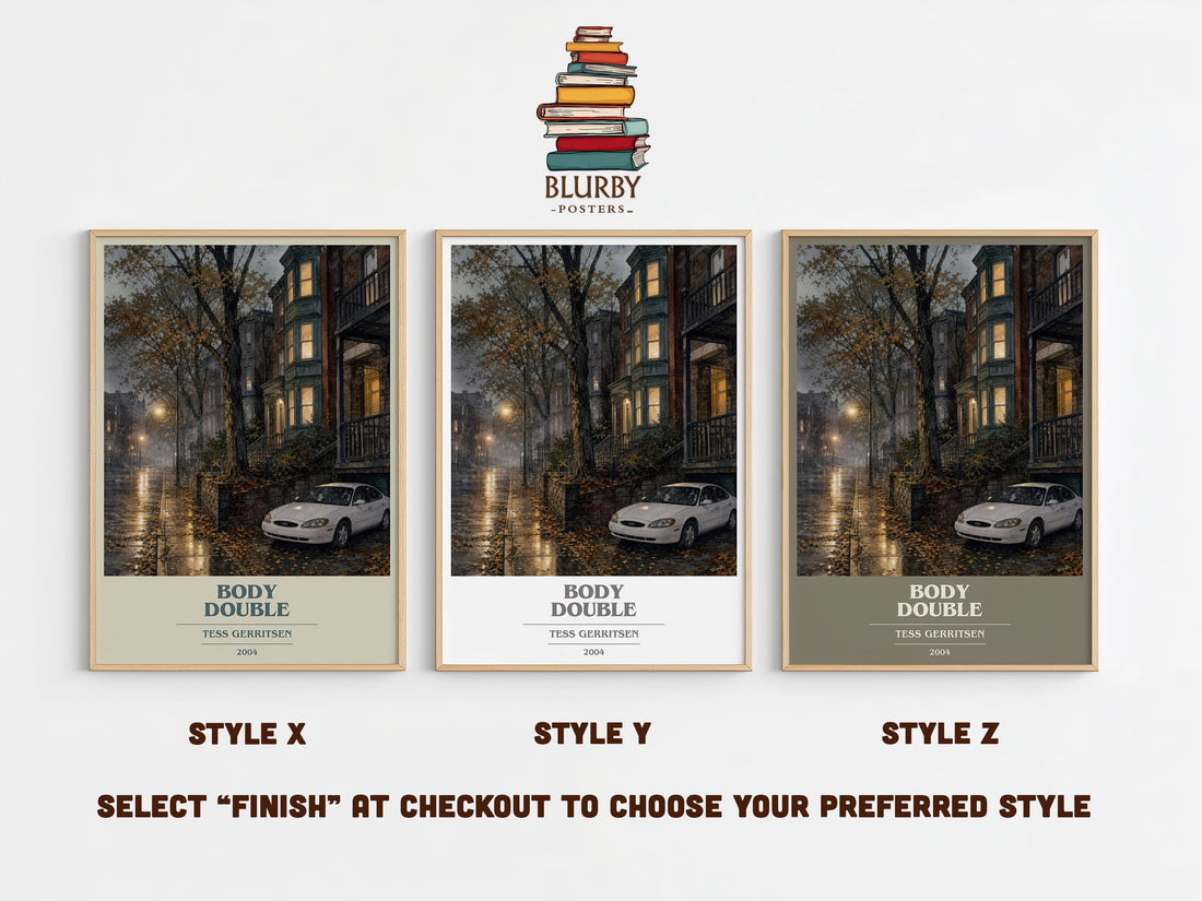 Body Double book cover print in frame leaning in hallway – thriller wall art (mockup)