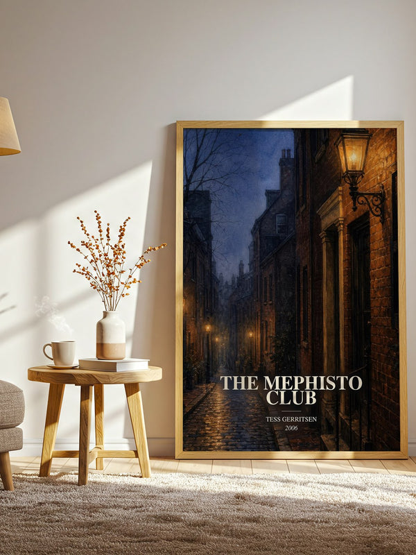 The Mephisto Club watercolour print in frame leaning in hallway – thriller wall art