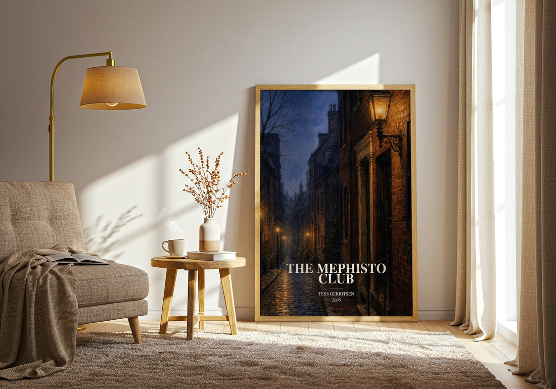 The Mephisto Club watercolour print in frame leaning in hallway – thriller wall art (mockup)