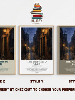 The Mephisto Club bookish print in frame leaning in hallway – thriller wall art