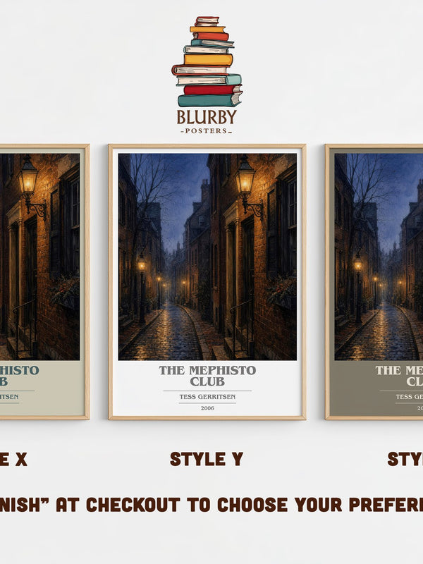 The Mephisto Club book cover print in frame leaning in hallway – thriller wall art