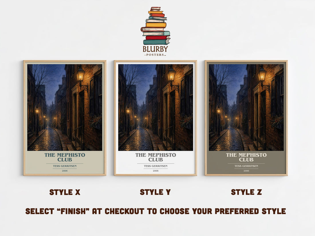 The Mephisto Club book cover print in frame leaning in hallway – thriller wall art (mockup)