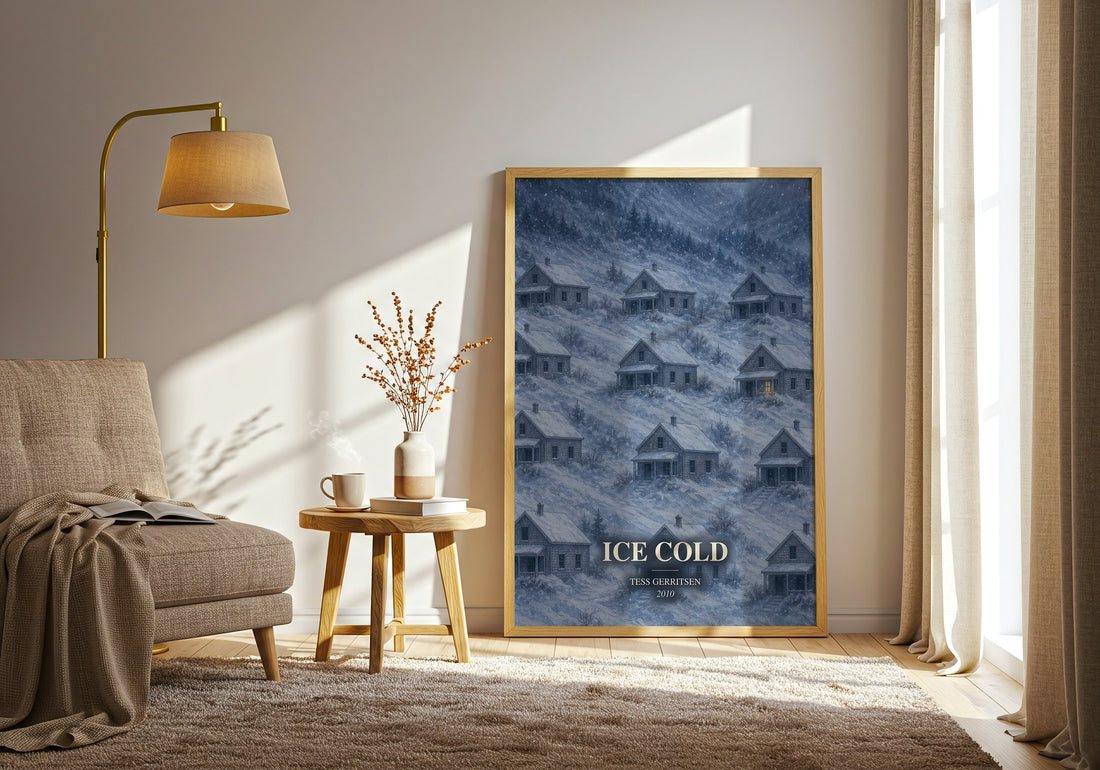 Ice Cold watercolour print in frame leaning in hallway – thriller wall art (mockup)