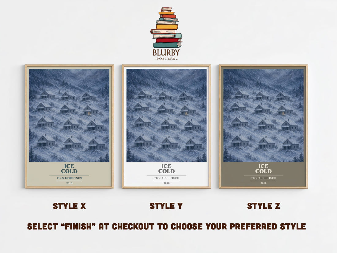 Ice Cold book cover print in frame leaning in hallway – thriller wall art (mockup)