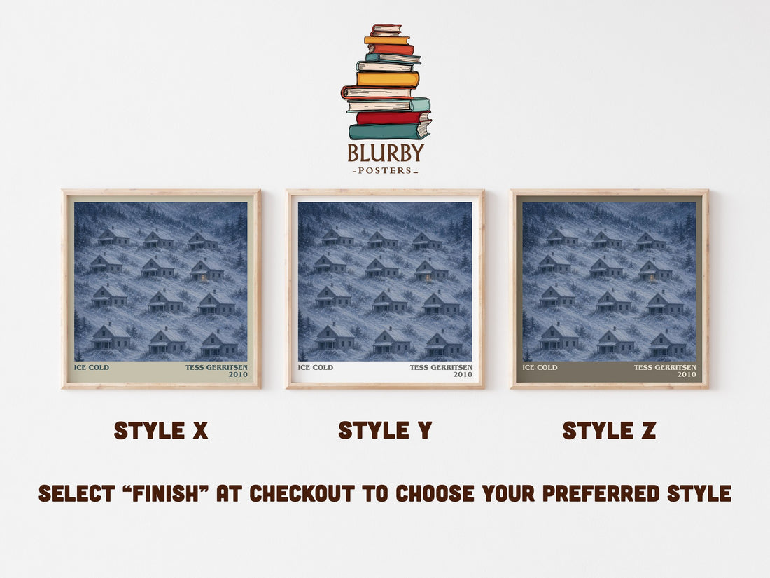 Ice Cold literary print in frame leaning in hallway – thriller wall art (mockup)