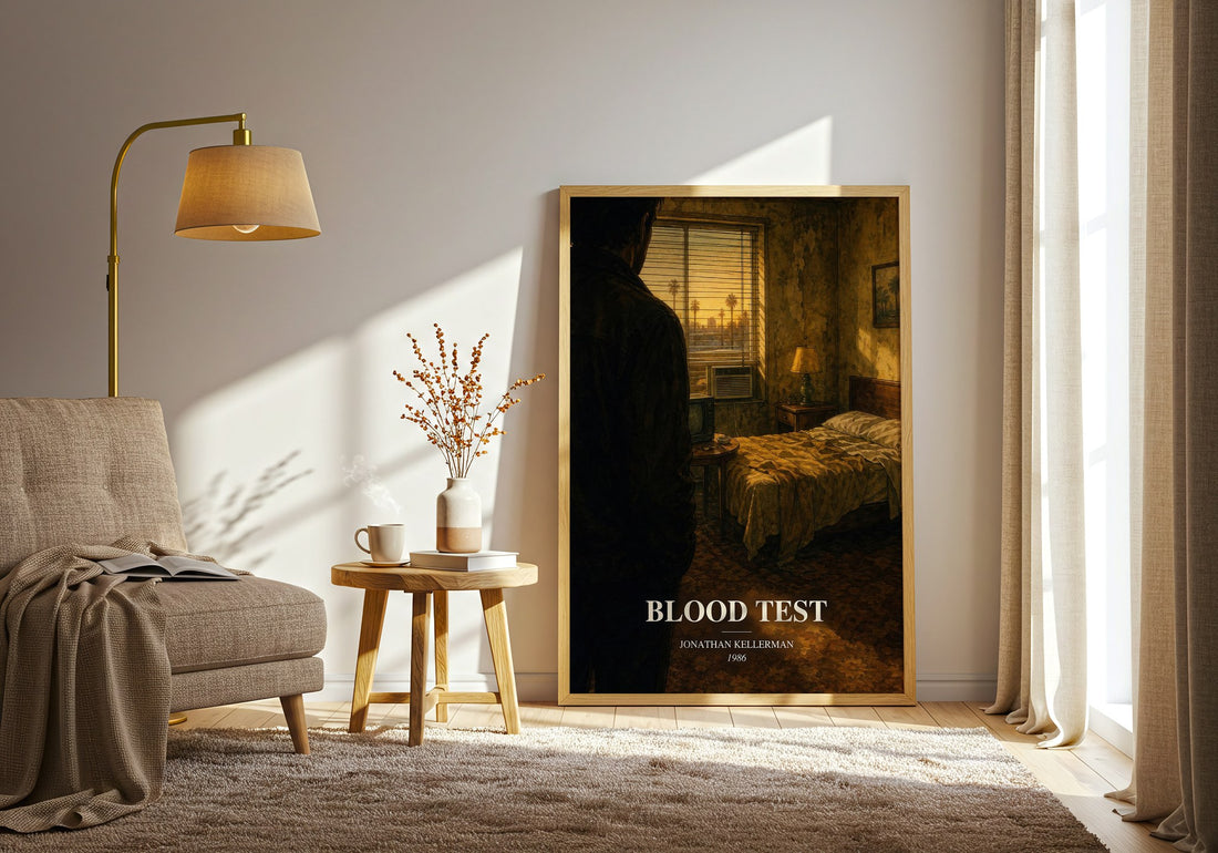 Blood Test watercolour print in frame leaning in hallway – mystery wall art (mockup)