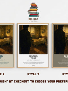 Blood Test bookish print in frame leaning in hallway – mystery wall art