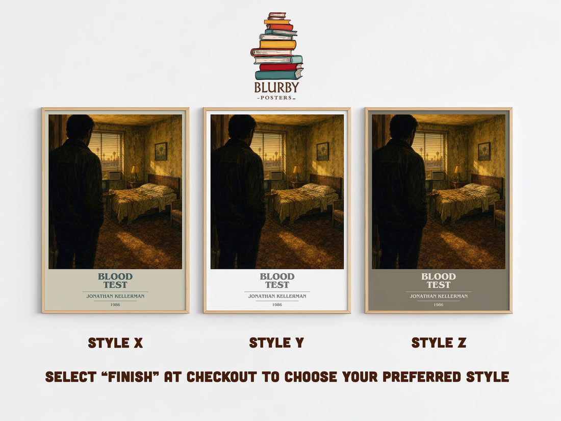 Blood Test book cover print in frame leaning in hallway – mystery wall art (mockup)