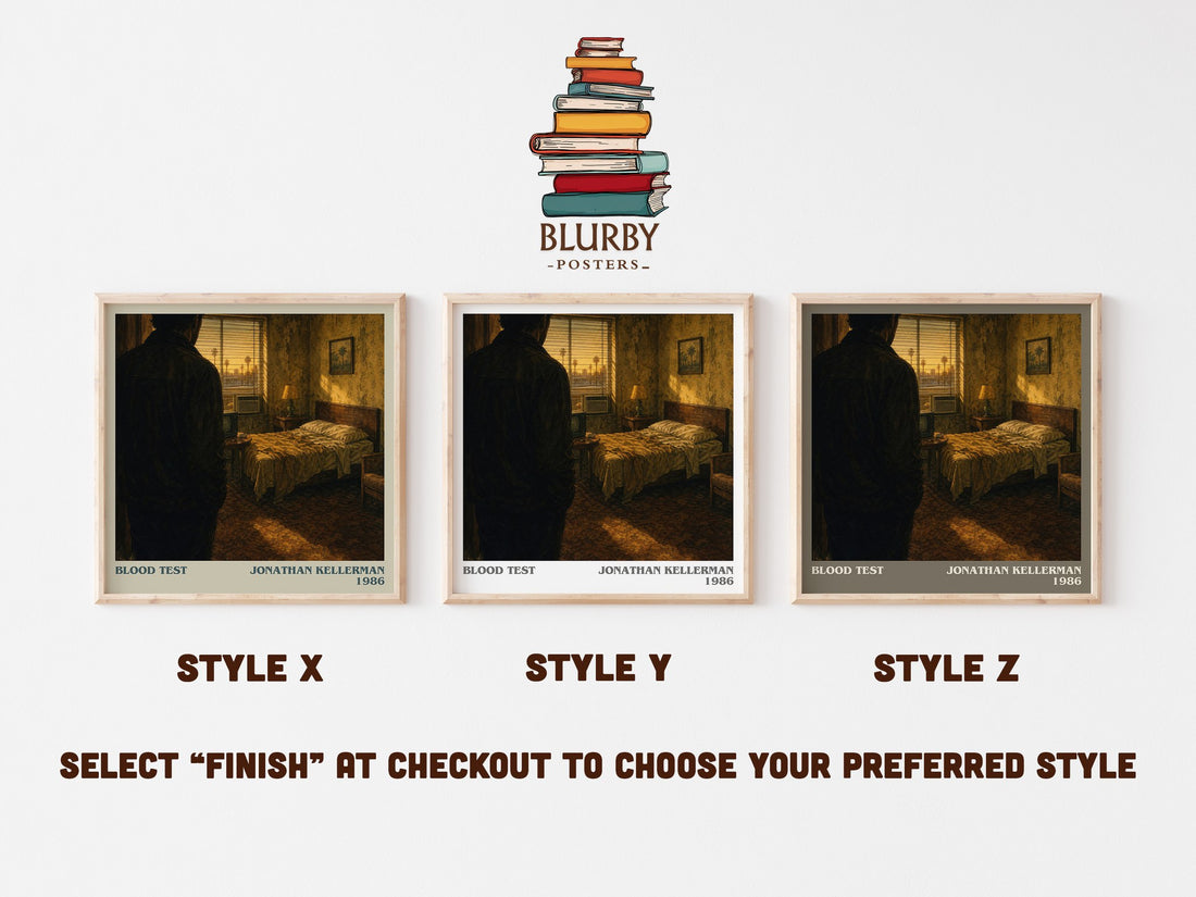 Blood Test literary print in frame leaning in hallway – mystery wall art (mockup)