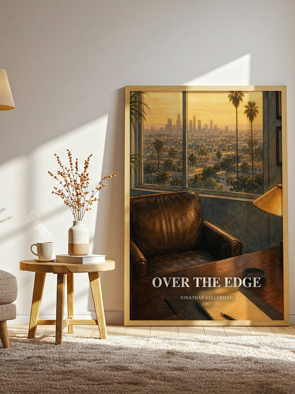 Over the Edge watercolour print in frame leaning in hallway – thriller wall art
