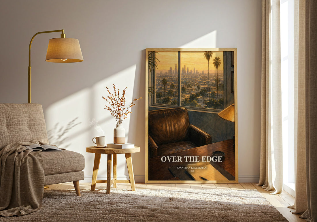Over the Edge watercolour print in frame leaning in hallway – thriller wall art (mockup)