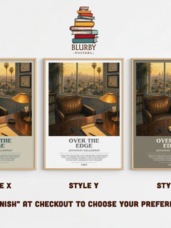 Over the Edge bookish print in frame leaning in hallway – thriller wall art