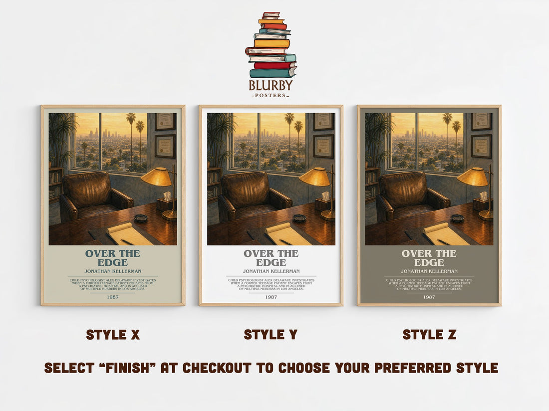 Over the Edge bookish print in frame leaning in hallway – thriller wall art (mockup)