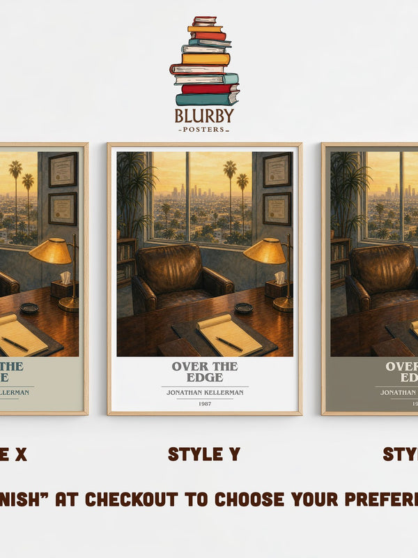 Over the Edge book cover print in frame leaning in hallway – thriller wall art