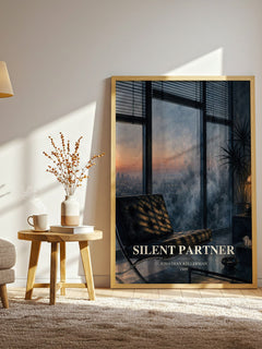 Silent Partner watercolour print in frame leaning in hallway – thriller wall art