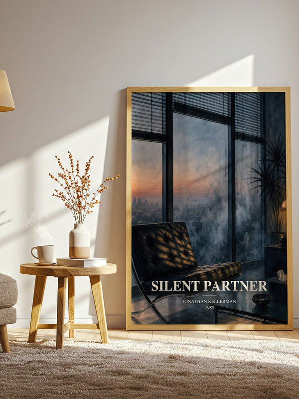 Silent Partner watercolour print in frame leaning in hallway – thriller wall art