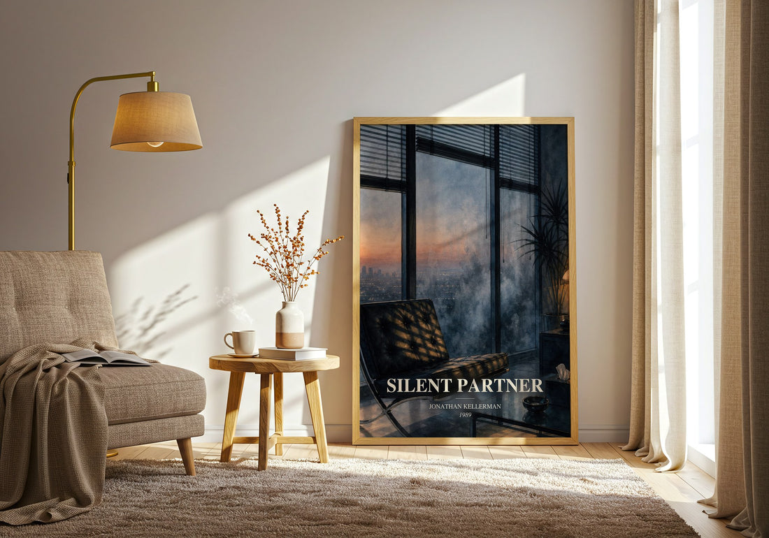 Silent Partner watercolour print in frame leaning in hallway – thriller wall art (mockup)