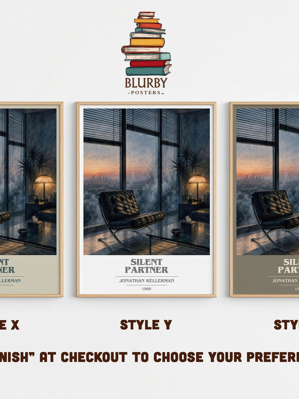 Silent Partner book cover print in frame leaning in hallway – thriller wall art