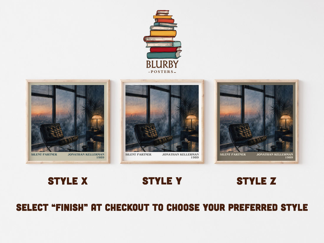 Silent Partner literary print in frame leaning in hallway – thriller wall art (mockup)