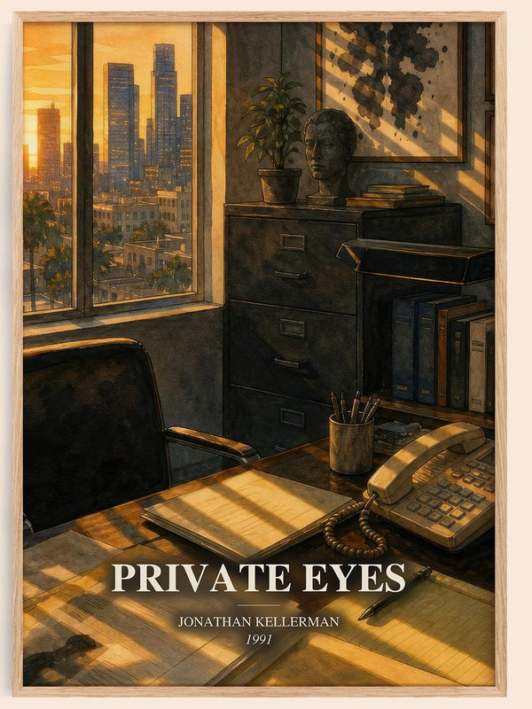 Private Eyes watercolour book poster by Jonathan Kellerman – framed literary art print