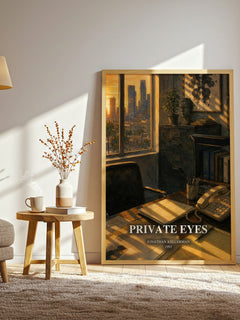 Private Eyes watercolour print in frame leaning in hallway – crime wall art