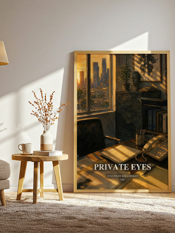 Private Eyes watercolour print in frame leaning in hallway – crime wall art