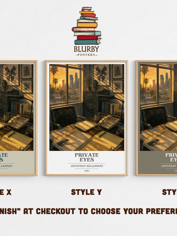Private Eyes book cover print in frame leaning in hallway – crime wall art