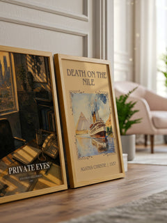 Private Eyes watercolour print framed by window – literary home decor