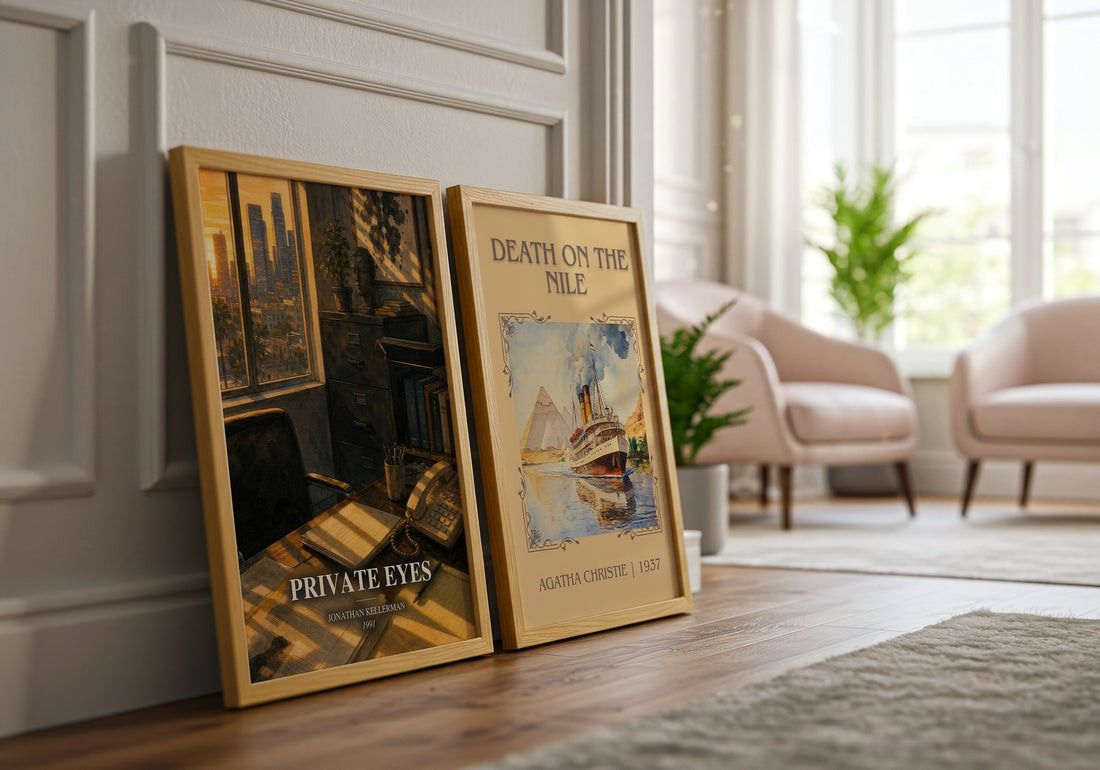 Private Eyes watercolour print framed by window – literary home decor