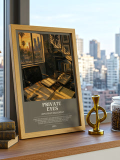 Private Eyes bookish print framed by window – literary home decor