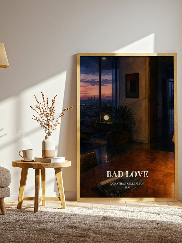 Bad Love watercolour print in frame leaning in hallway – thriller wall art