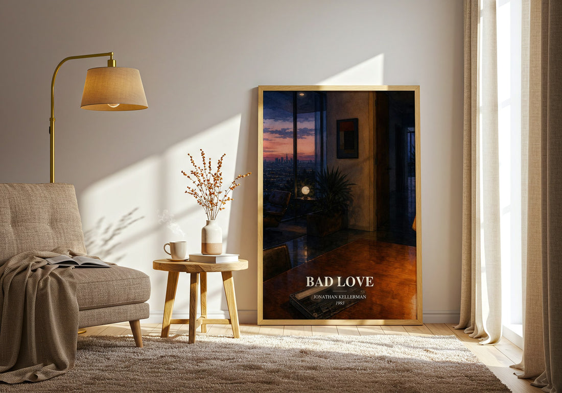 Bad Love watercolour print in frame leaning in hallway – thriller wall art (mockup)