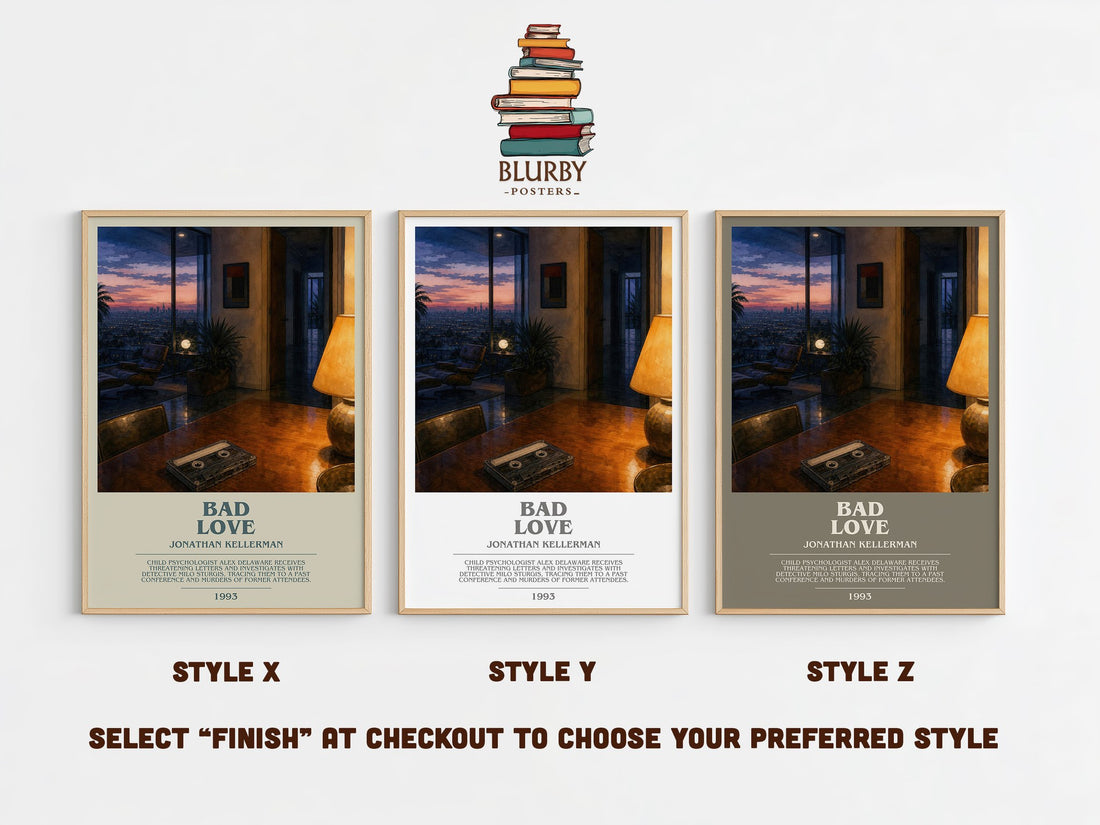 Bad Love bookish print in frame leaning in hallway – thriller wall art (mockup)