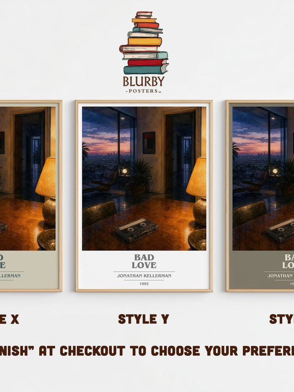 Bad Love book cover print in frame leaning in hallway – thriller wall art